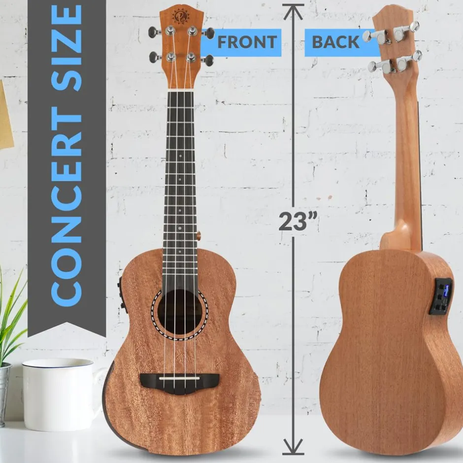 23" Acoustic Electric Ukulele, Solid Mahogany, Beveled Armrest, Natural Finish<Pyle Online