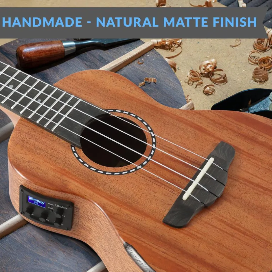 23" Acoustic Electric Ukulele, Solid Mahogany, Beveled Armrest, Natural Finish<Pyle Online