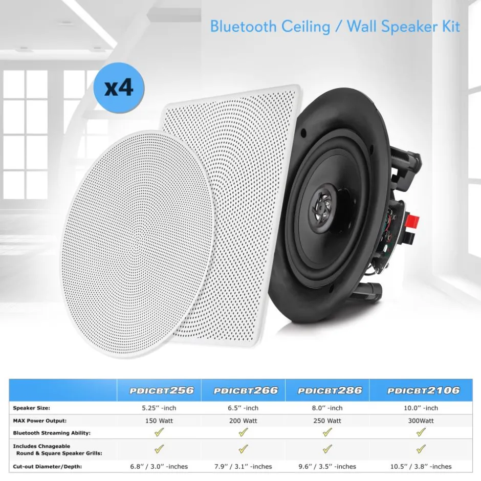 5.25" Bluetooth Ceiling Speakers 150W 2-Way Stereo Flush Mount Kit<Pyle