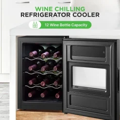 12 Bottle Wine Cooler, Adjustable Temp, Quiet Thermoelectric, Glass Door<NutriChef Clearance