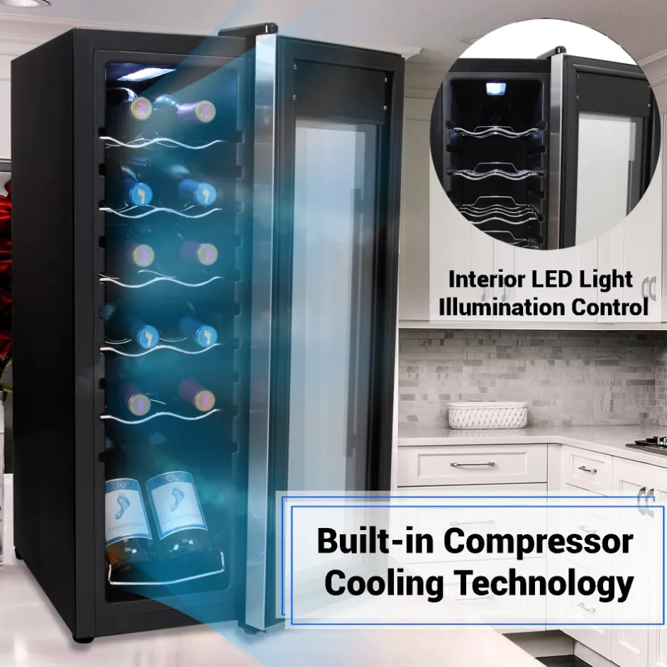 12 Bottle Wine Cooler, Compact Fridge, Digital Control, Stainless Steel<NutriChef