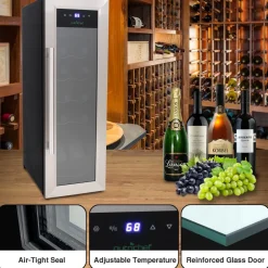 12 Bottle Wine Cooler, Compact Fridge, Digital Control, Stainless Steel<NutriChef