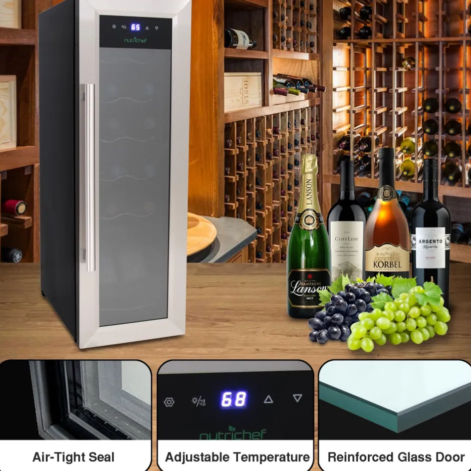 12 Bottle Wine Cooler, Compact Fridge, Digital Control, Stainless Steel<NutriChef