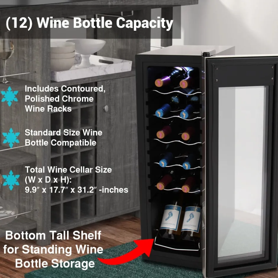 12 Bottle Wine Cooler, Compact Fridge, Digital Control, Stainless Steel<NutriChef