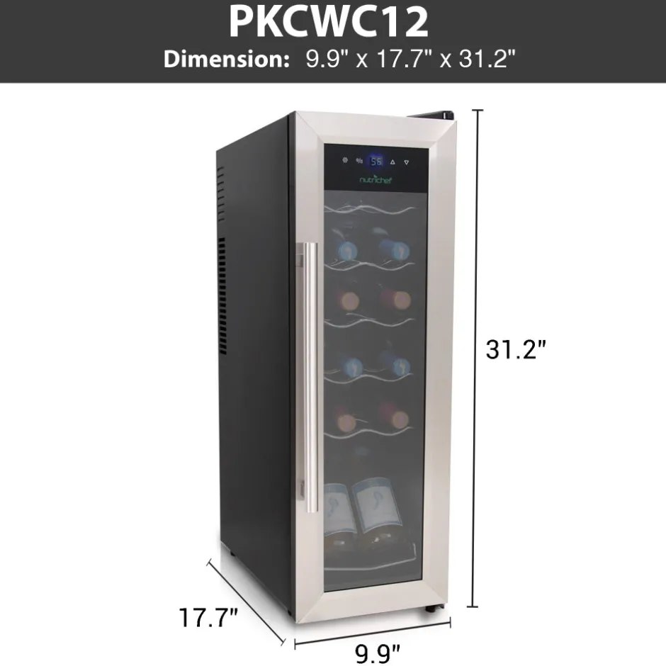 12 Bottle Wine Cooler, Compact Fridge, Digital Control, Stainless Steel<NutriChef