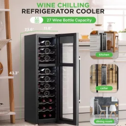 27 Bottle Wine Cooler, Dual Zone, Adjustable Temp, Stainless Steel Door<NutriChef New