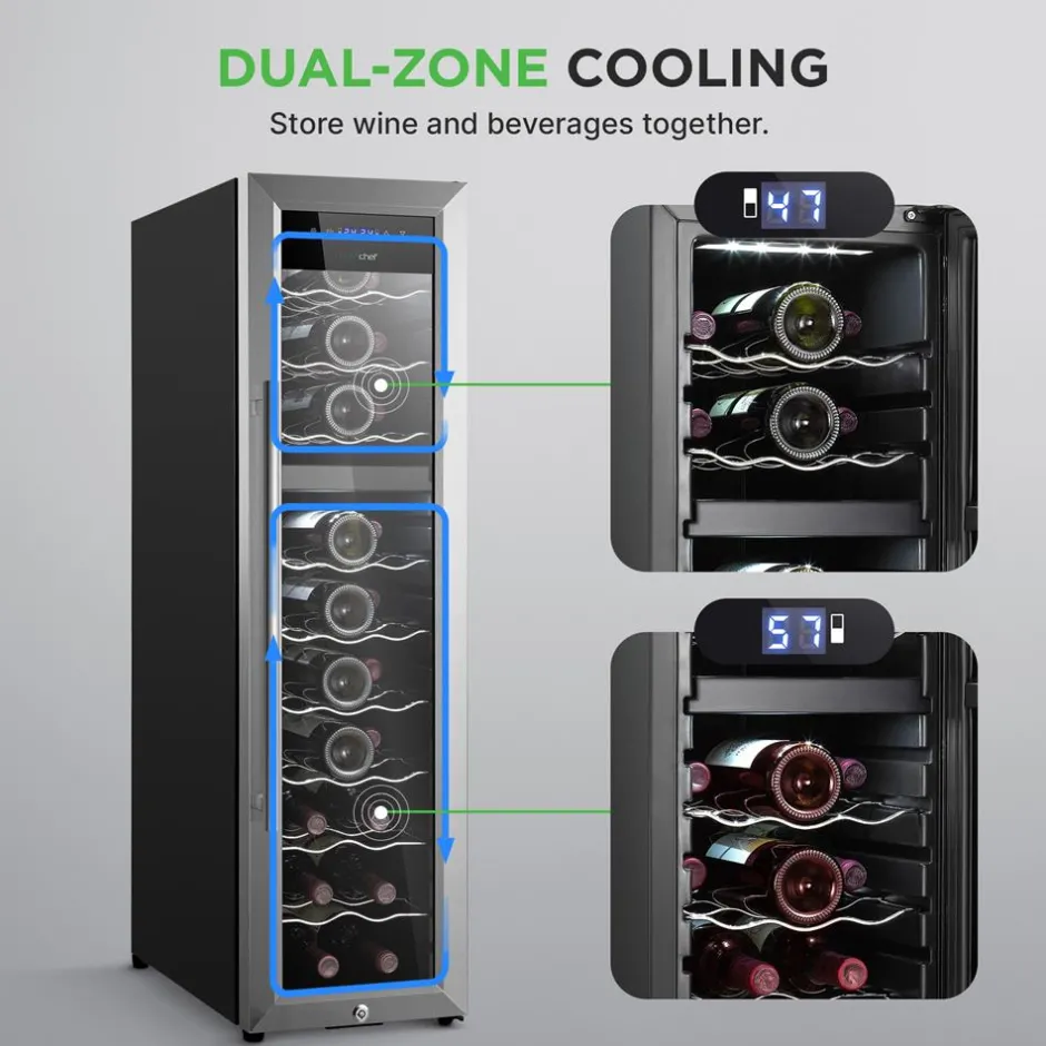 27 Bottle Wine Cooler, Dual Zone, Adjustable Temp, Stainless Steel Door<NutriChef New