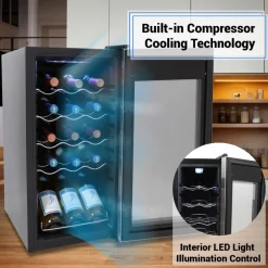15 Bottle Wine Fridge, Adjustable Temp, Stainless Steel Door, Quiet Operation<NutriChef Online