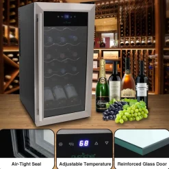 15 Bottle Wine Fridge, Adjustable Temp, Stainless Steel Door, Quiet Operation<NutriChef Online