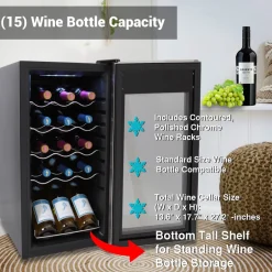 15 Bottle Wine Fridge, Adjustable Temp, Stainless Steel Door, Quiet Operation<NutriChef Online