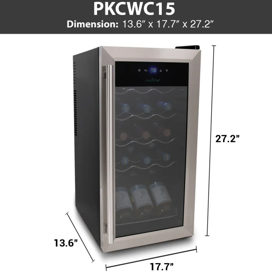 15 Bottle Wine Fridge, Adjustable Temp, Stainless Steel Door, Quiet Operation<NutriChef Online