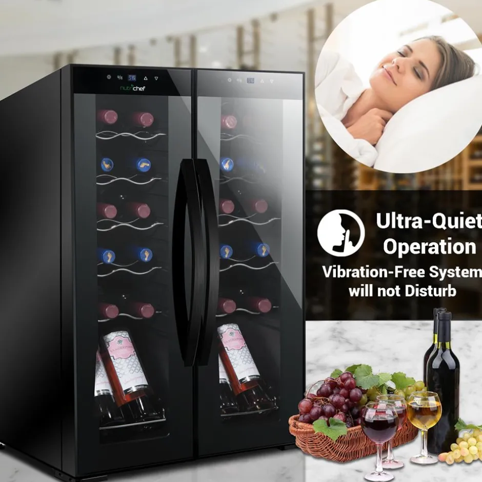 24 Bottle Wine Fridge, Dual Zone, Adjustable Temp, Glass Door, Quiet Operation<NutriChef Online