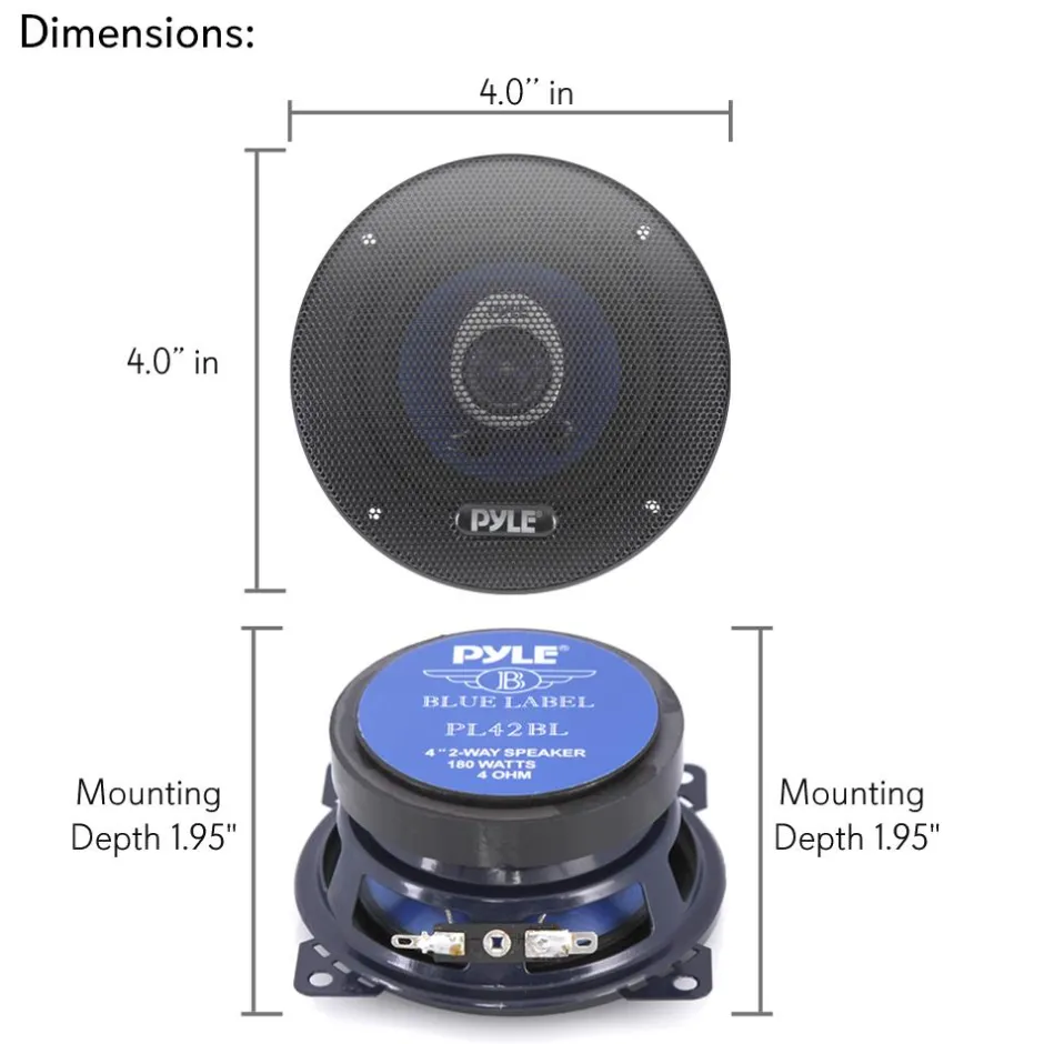 4" Car Speakers Pair - 180W Peak, Blue Poly Cone, Butyl Rubber Surround<Pyle New