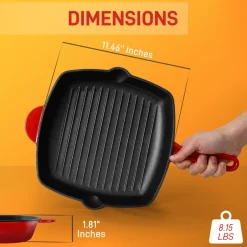 11" Cast Iron Grill Pan, Perfect Grill Marks, Porcelain Enamel Coating<NutriChef Discount