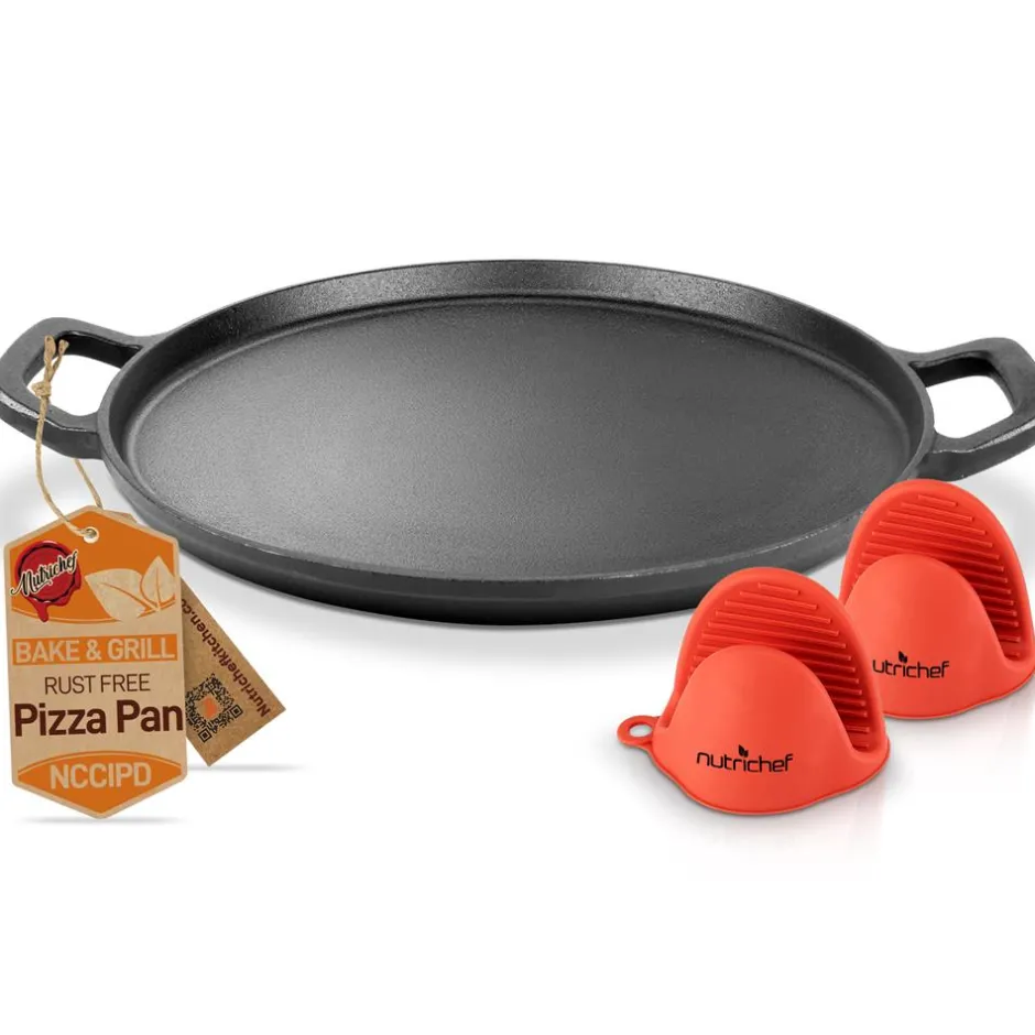 13" Cast Iron Pizza Pan - Versatile Pre-Seasoned Griddle w/ Handles<NutriChef Outlet