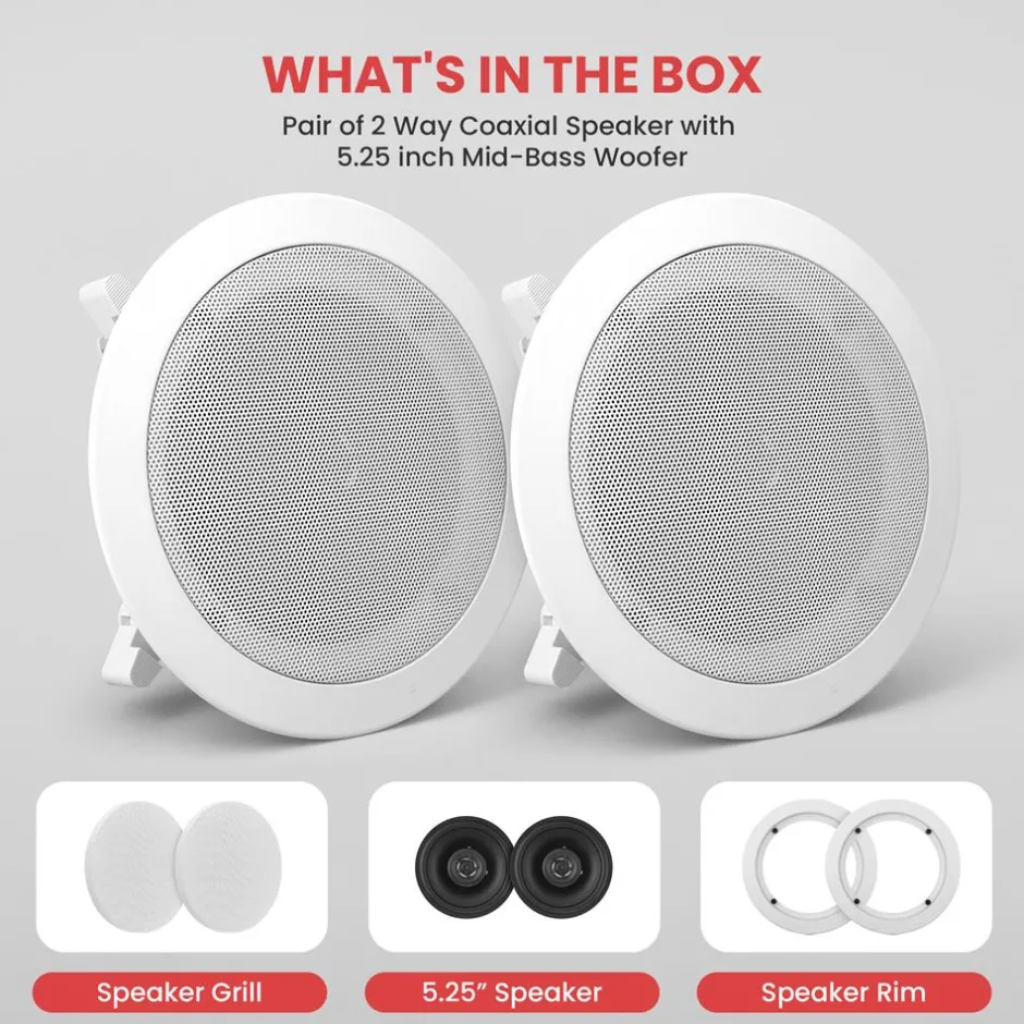 5.25" Ceiling Speakers Pair, 2-Way Stereo, Flush Mount, 150W, White<Pyle New