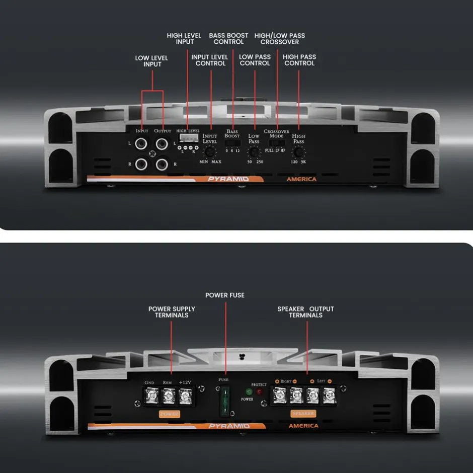 2 Channel Car Stereo Amplifier 2000W High Power MOSFET Silver<Pyramid