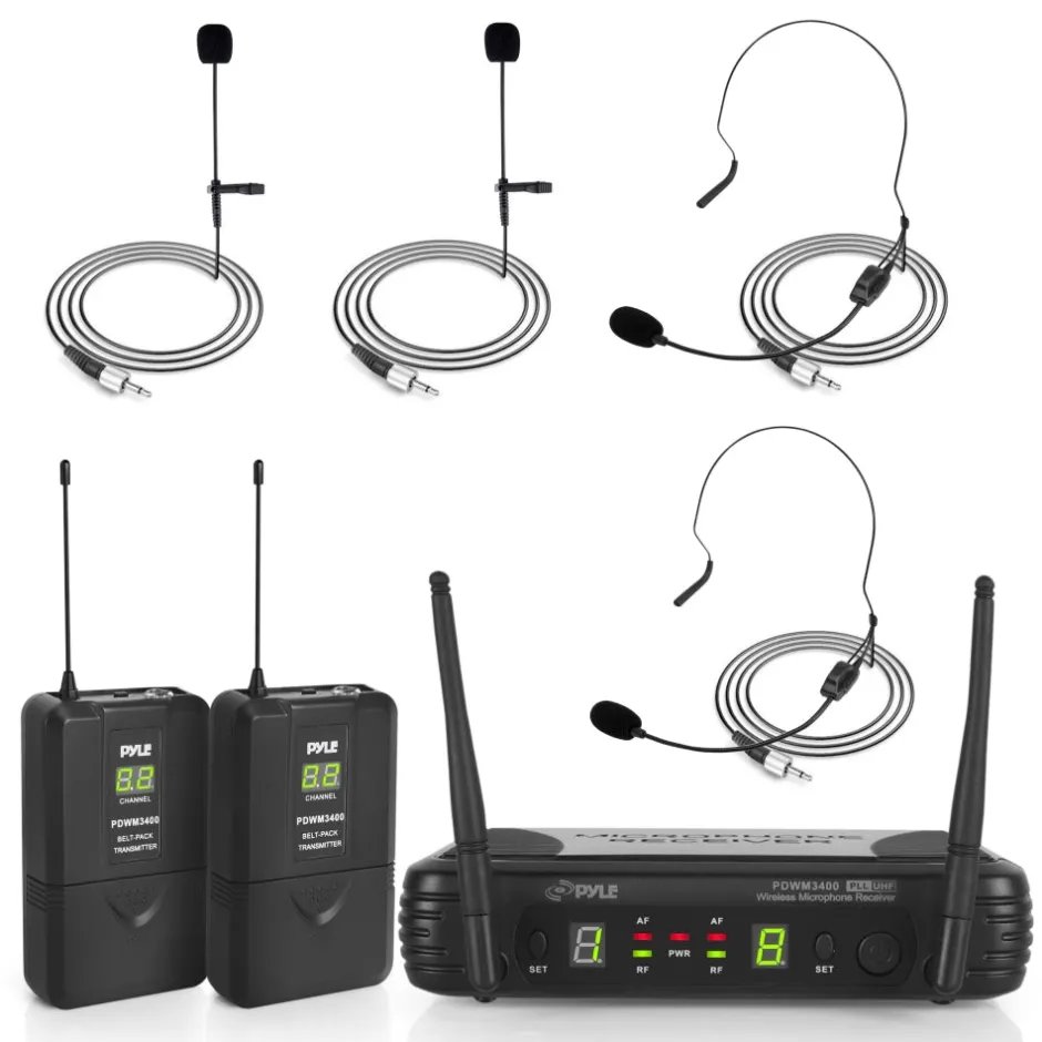 2 Channel Wireless Mic System - Portable UHF, 160' Range, 2 Headsets, 2 Lavalier<Pyle Sale