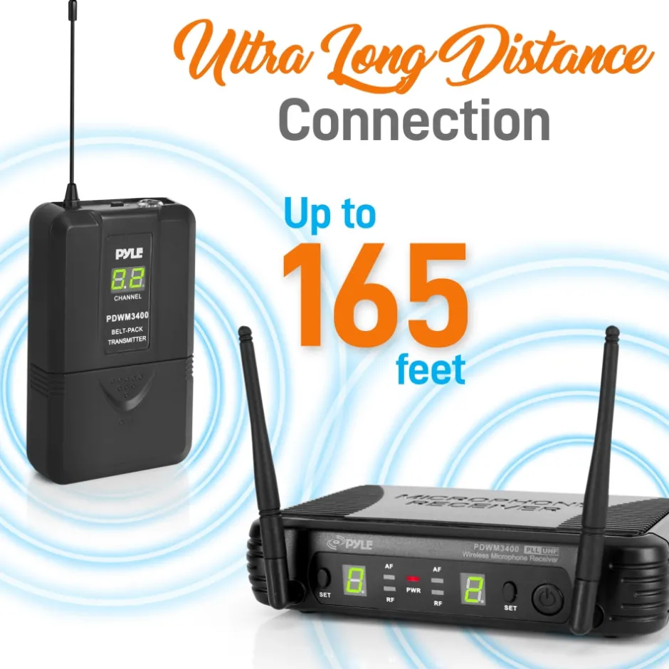 2 Channel Wireless Mic System - Portable UHF, 160' Range, 2 Headsets, 2 Lavalier<Pyle Sale