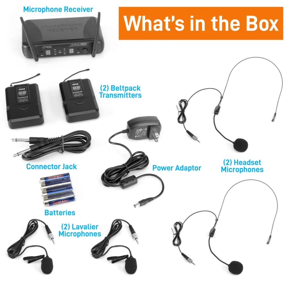 2 Channel Wireless Mic System - Portable UHF, 160' Range, 2 Headsets, 2 Lavalier<Pyle Sale