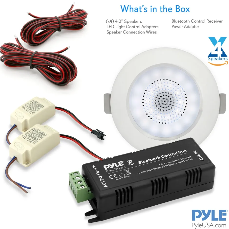 4" In-Ceiling Speakers, 320W, Bluetooth, LED Light, Easy Install (4-Pack)<Pyle Sale