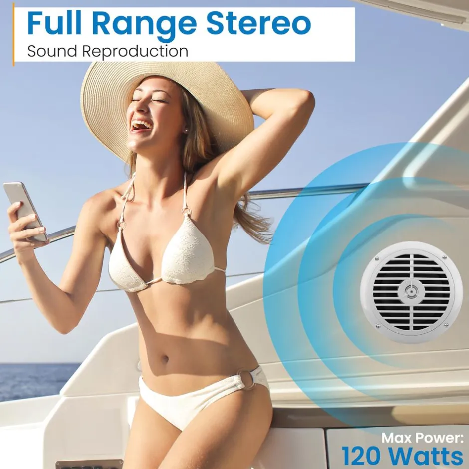 6.5" Marine Speakers Waterproof, 2 Way 120W Polyprone Cone White<Pyle New
