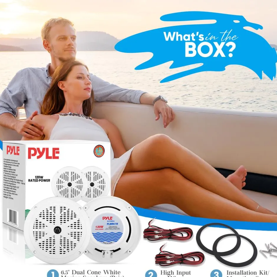 6.5" Marine Speakers Waterproof 120W Polyprone Cone White<Pyle Clearance