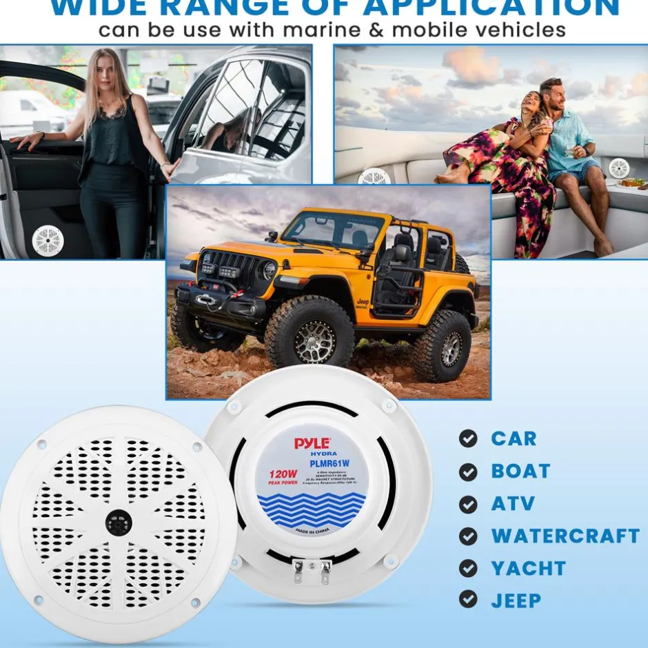 6.5" Marine Speakers Waterproof 120W Polyprone Cone White<Pyle Clearance