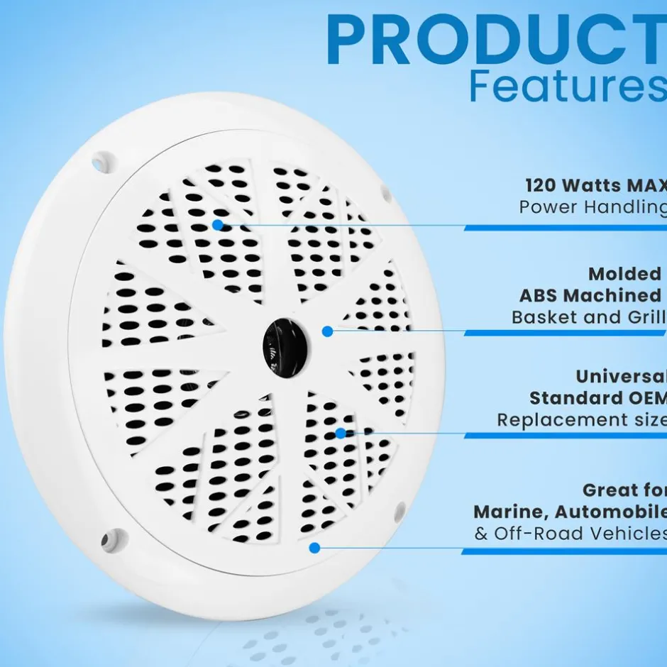 6.5" Marine Speakers Waterproof 120W Polyprone Cone White<Pyle Clearance