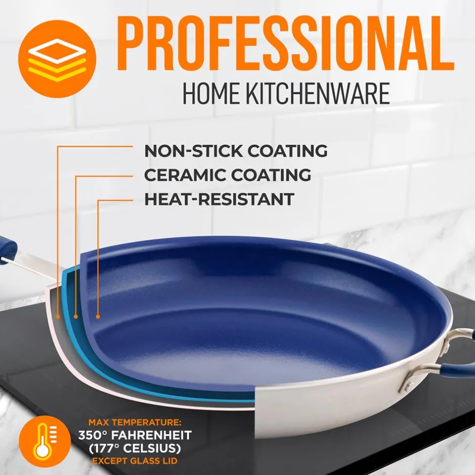 14" Nonstick Fry Pan with Lid - Easy Clean Ceramic, Blue Silicone Handle<NutriChef