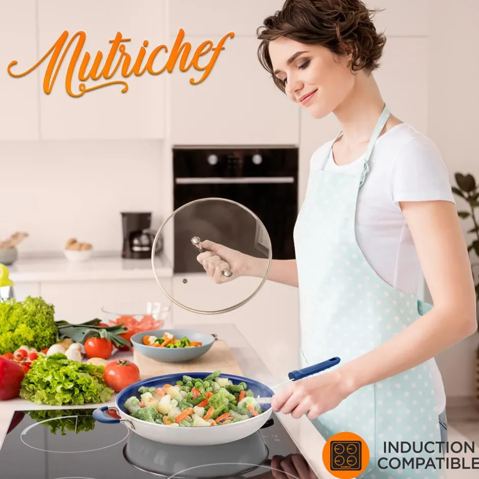 14" Nonstick Fry Pan with Lid - Easy Clean Ceramic, Blue Silicone Handle<NutriChef