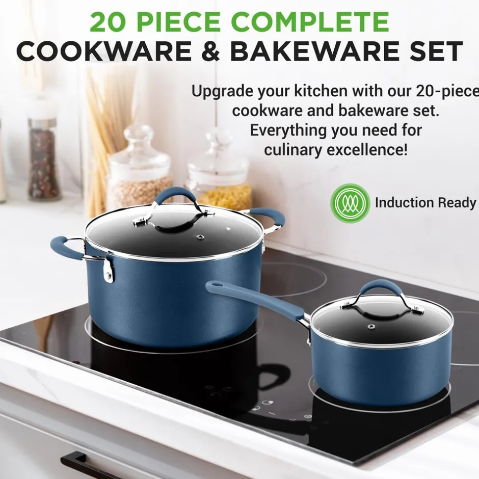 20 Pc Kitchen Set - Even Cooking Non-Stick Coating, Navy Blue<NutriChef Clearance