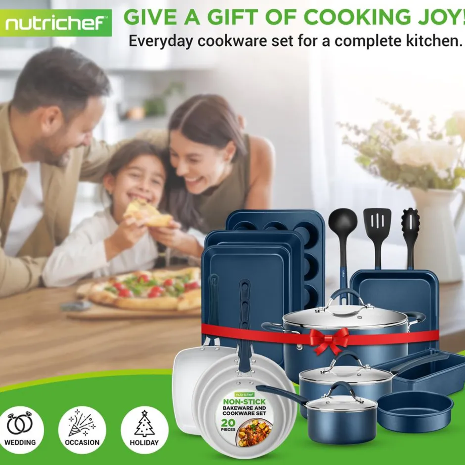 20 Pc Kitchen Set - Even Cooking Non-Stick Coating, Navy Blue<NutriChef Clearance