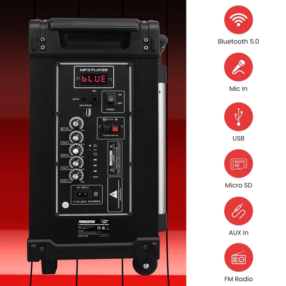 8" Portable Bluetooth Speaker - 350W Power, Rechargeable Battery, FM Radio<Pyle New