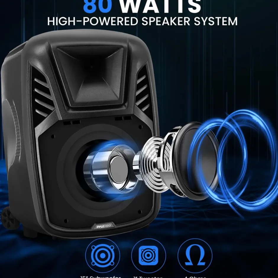15" Portable Speaker - Wireless Streaming, LED, Wheels, Rechargeable Battery<Pyle