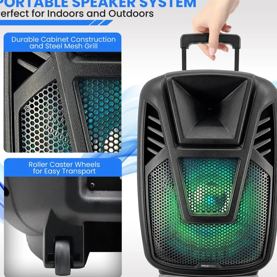 15" Portable Speaker - Wireless Streaming, LED, Wheels, Rechargeable Battery<Pyle