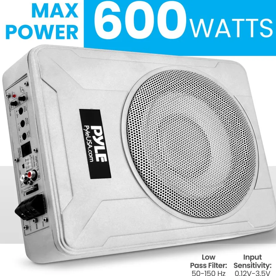 8" 600W Marine Subwoofer System - Slim Design, Built-in Amp, Silver<Pyle Sale