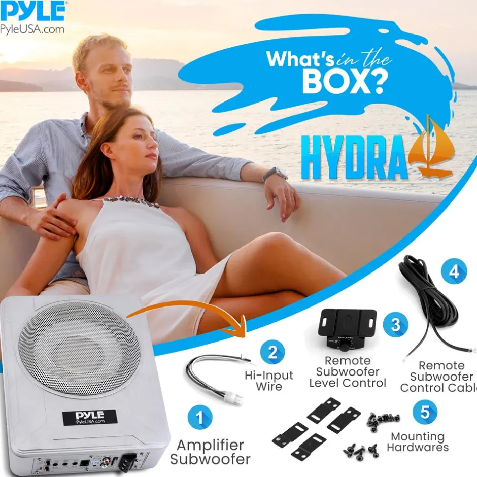 8" 600W Marine Subwoofer System - Slim Design, Built-in Amp, Silver<Pyle Sale