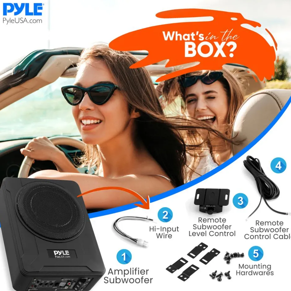 8" 600W Slim Car Subwoofer System - Built-in Amp, Underseat Install<Pyle Online