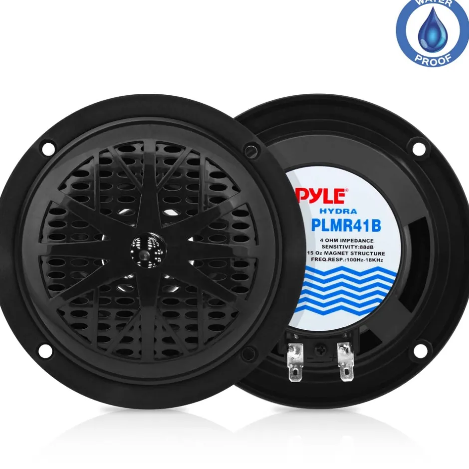 4" Waterproof Marine Speakers, Dual Cone, Polyprone, Black, 1 Pair<Pyle Sale