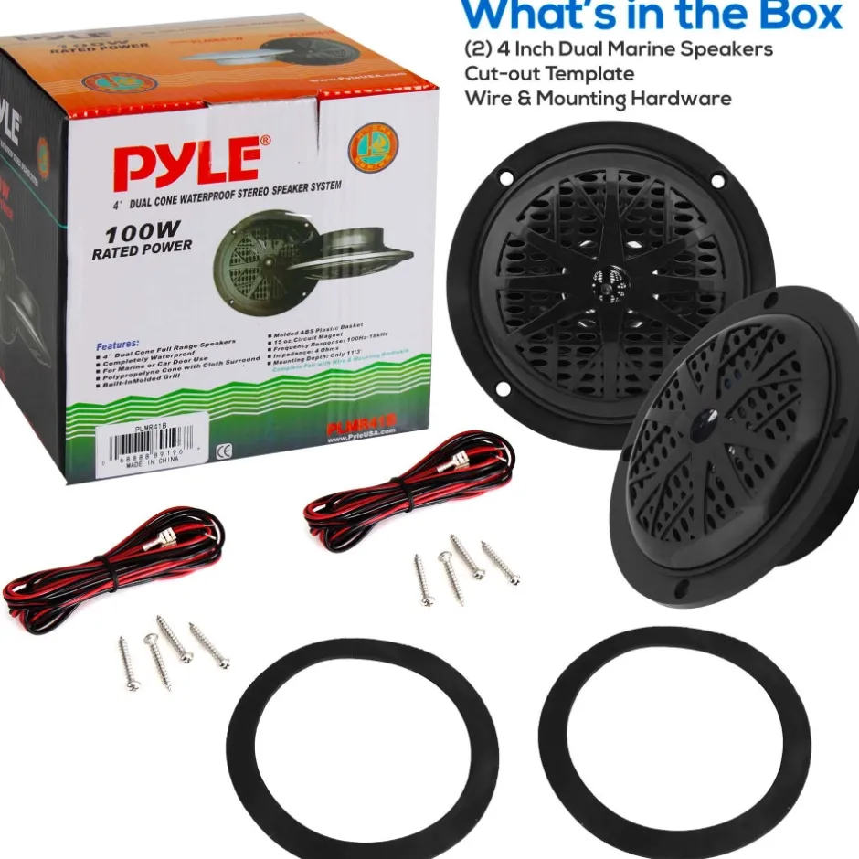4" Waterproof Marine Speakers, Dual Cone, Polyprone, Black, 1 Pair<Pyle Sale