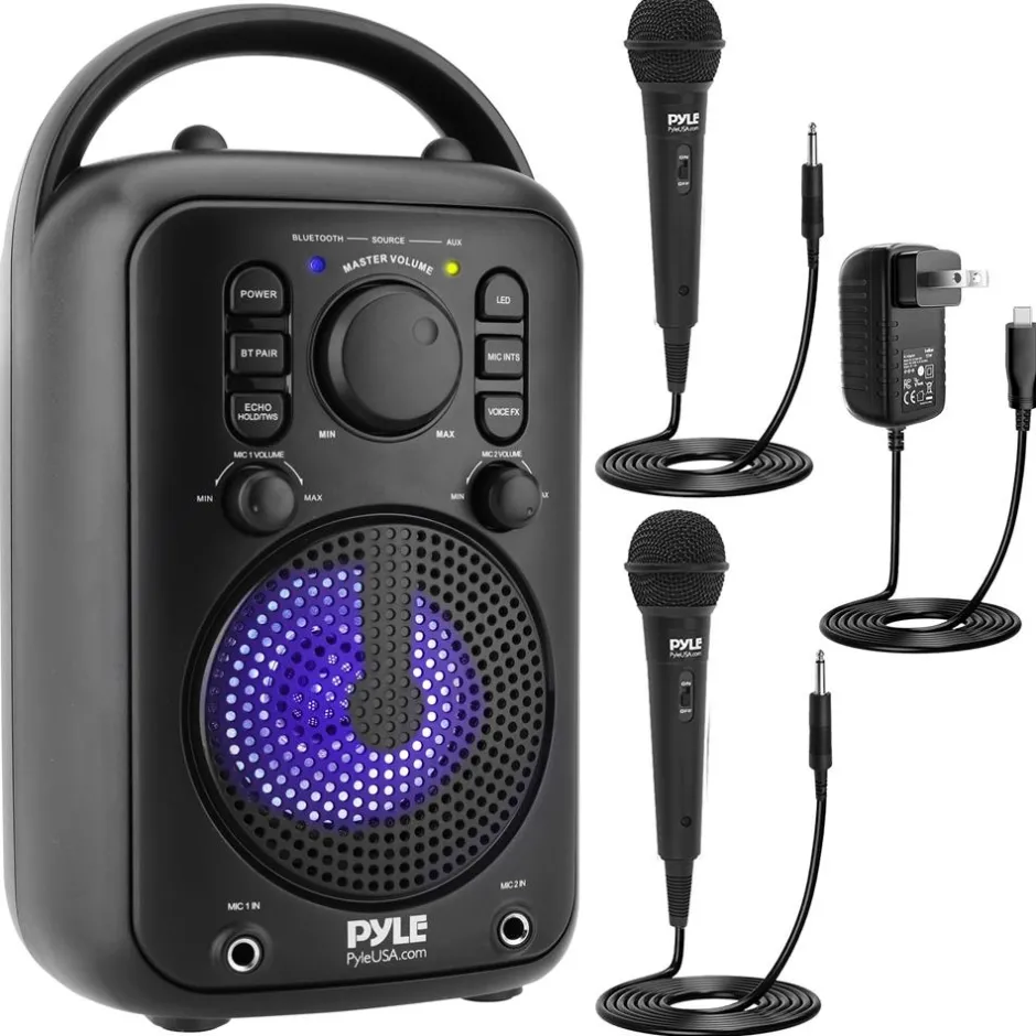 4" Wireless Speaker, Big Bass, Bluetooth 5.0, 2 Mics, Portable Karaoke System<Pyle New