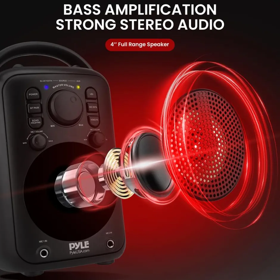 4" Wireless Speaker, Big Bass, Bluetooth 5.0, 2 Mics, Portable Karaoke System<Pyle New