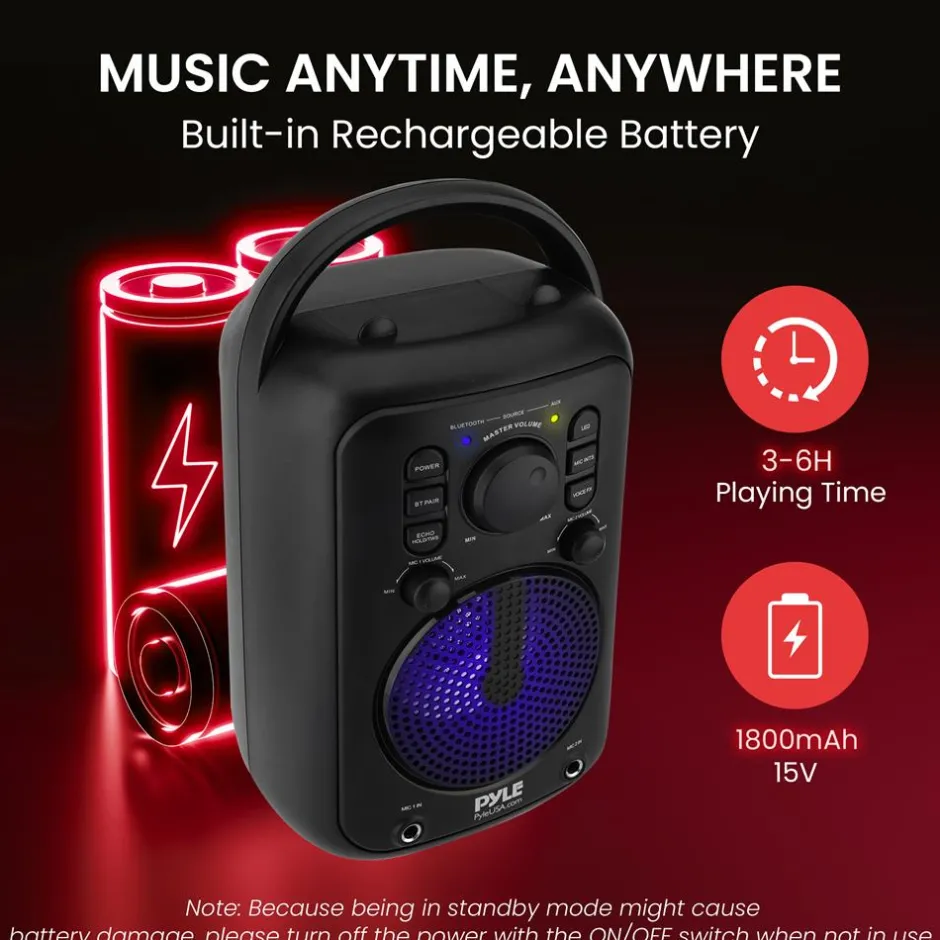 4" Wireless Speaker, Big Bass, Bluetooth 5.0, 2 Mics, Portable Karaoke System<Pyle New