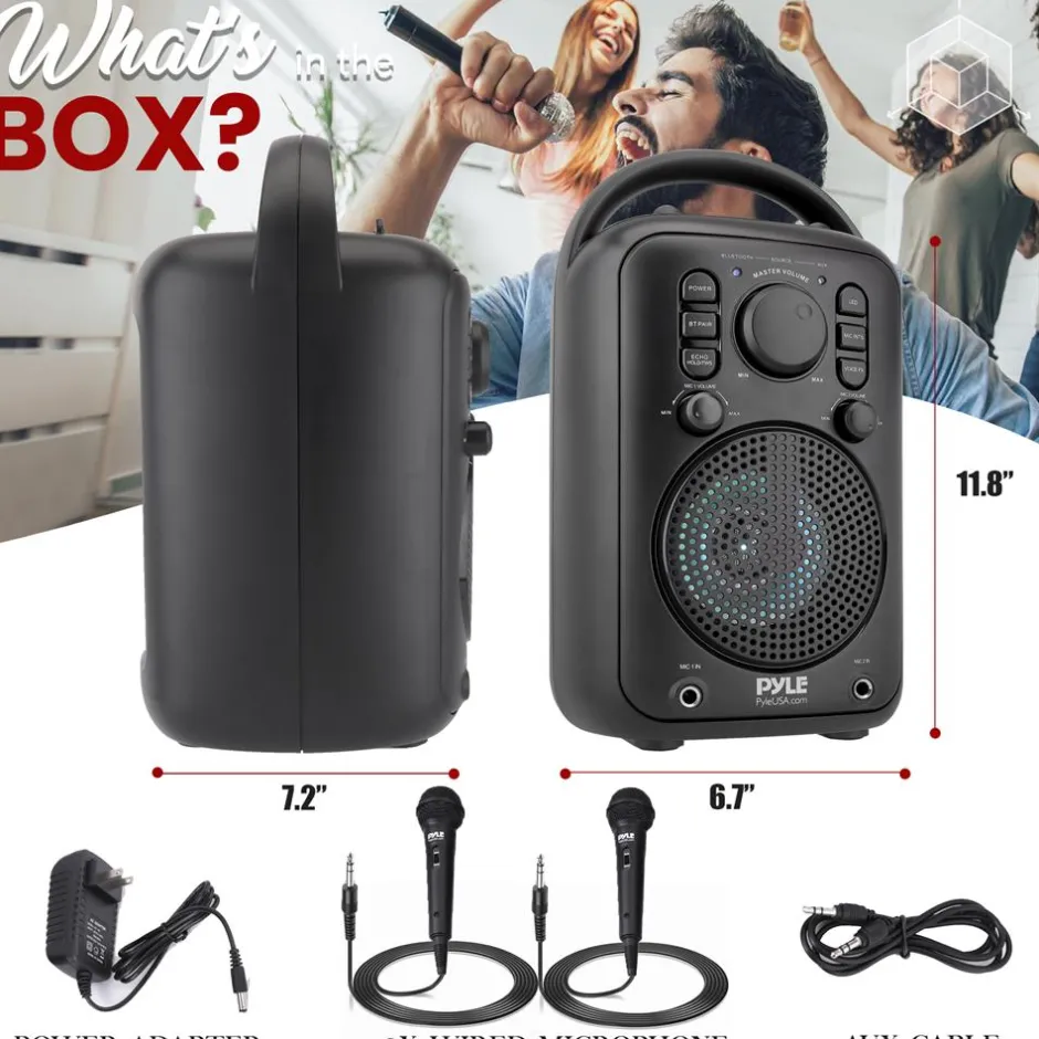 4" Wireless Speaker, Big Bass, Bluetooth 5.0, 2 Mics, Portable Karaoke System<Pyle New