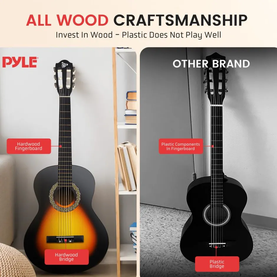 Acoustic Guitar Kit, Beginner-Friendly, 30" Sunburst, Nylon Strings<Pyle Online
