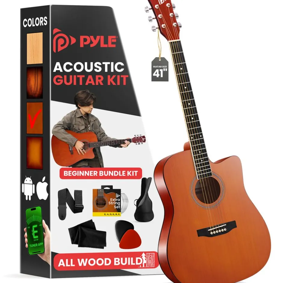Acoustic Guitar Kit, Easy Play, Cutaway Design, 41" Brown Glossy<Pyle Clearance