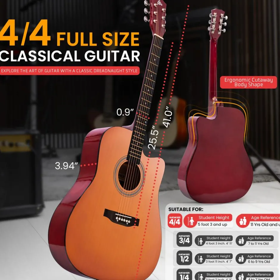 Acoustic Guitar Kit, Easy Play, Cutaway Design, 41" Brown Glossy<Pyle Clearance