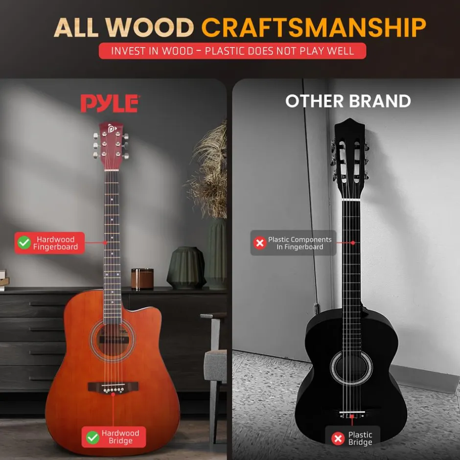 Acoustic Guitar Kit, Easy Play, Cutaway Design, 41" Brown Glossy<Pyle Clearance