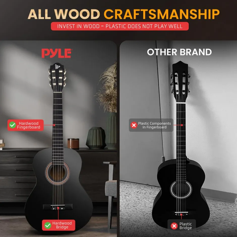 Acoustic Guitar Kit, Perfect for Beginners, 30" Wood, Black Matte<Pyle Best